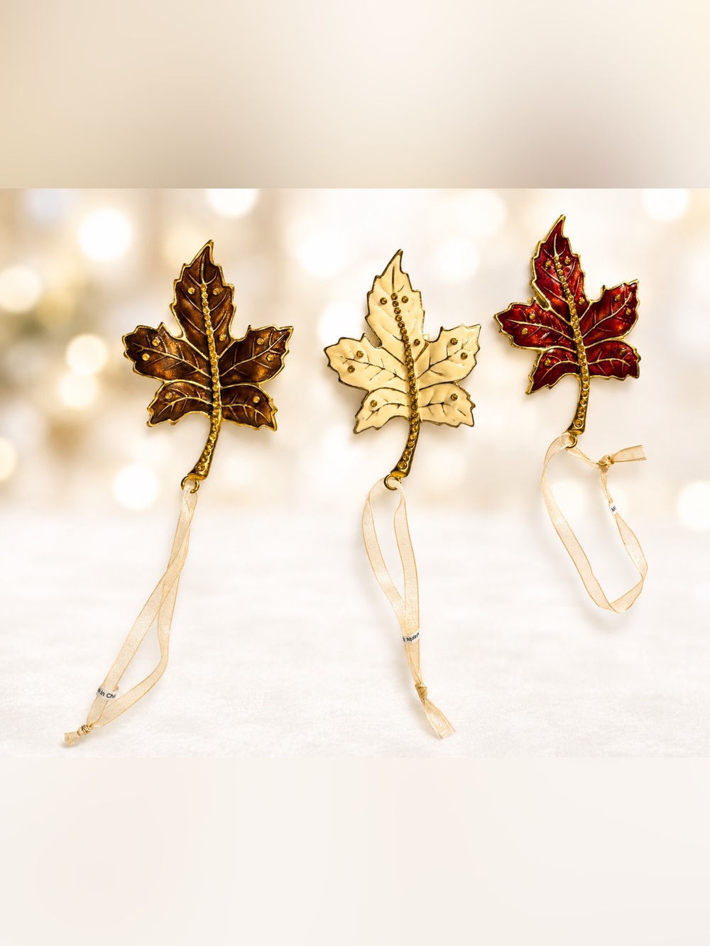 Maple Leaf Ornaments Set of 3 Red Cream Brown Gold Rhinestone Metal & Enamel